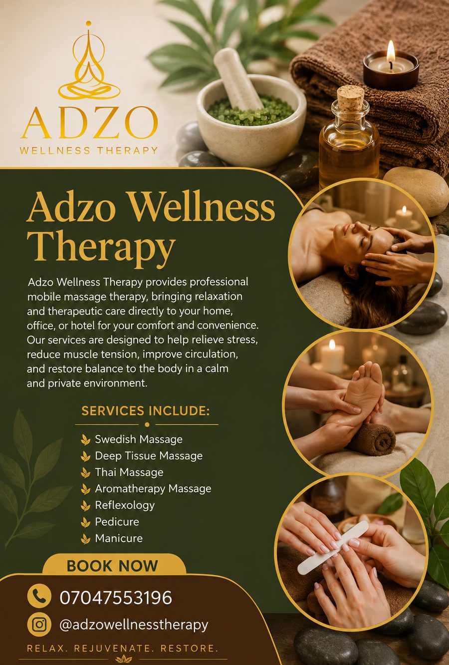ADZO mobile massage flyer: services include Swedish, deep tissue, Thai, aromatherapy, reflexology, pedicure and manicure